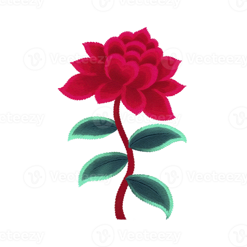 Vibrant red flower with layered petals and green leaves, resembling embroidered design, stands out against plain background, showcasing intricate details and textured appearance png