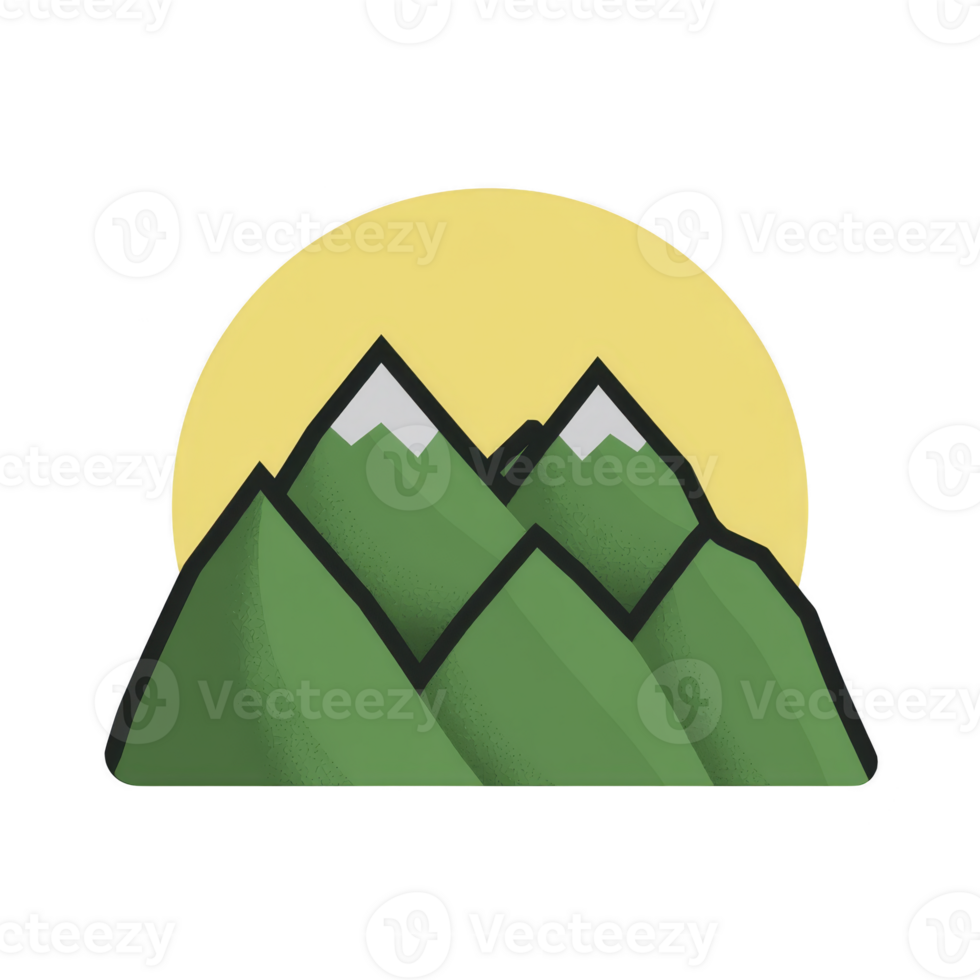 Stylized illustration of green mountains with snow capped peaks set against large yellow sun, creating serene and minimalist landscape png