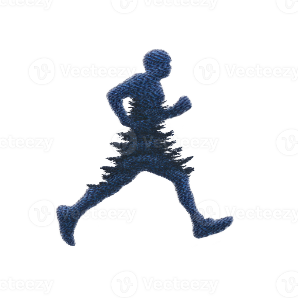 Silhouette of person running, depicted in textured, blue design, conveys sense of motion and athleticism. image is simple yet dynamic, capturing essence of movement png