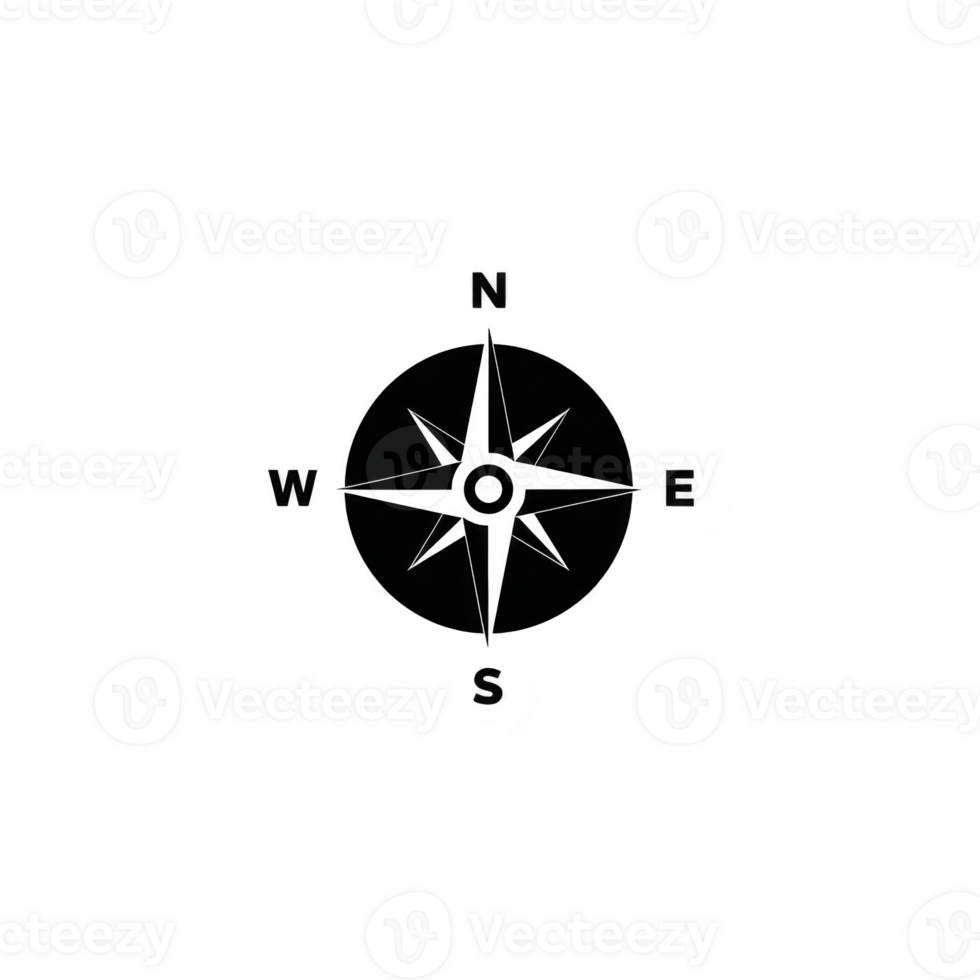Black and white compass rose with cardinal directions N E S W and intermediate directions NE SE SW NW is depicted simple classic design. compass is centered with circular outline.compass rose png