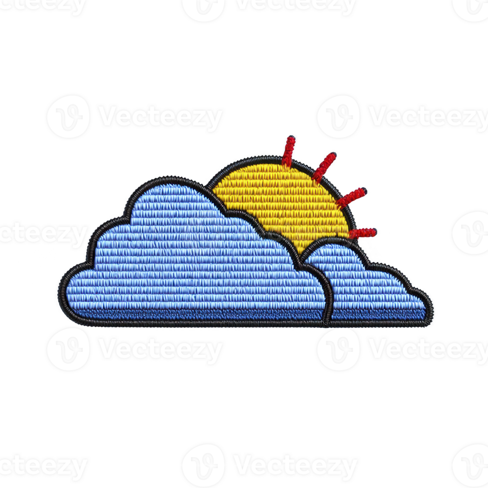 Colorful embroidered patch features sun partially hidden behind fluffy blue clouds, with red sun rays extending outward, creating cheerful and vibrant design png