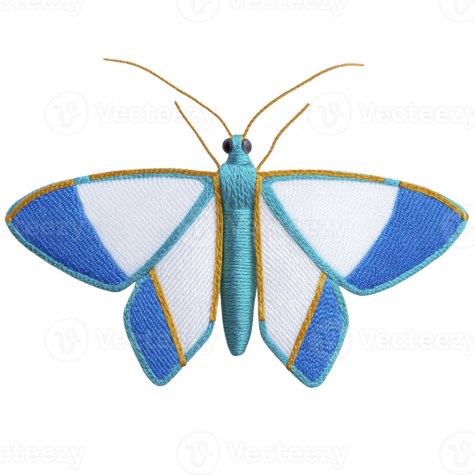 Vibrant, embroidered moth with blue, white, and gold patterns on its wings, showcasing intricate stitching and detailed craftsmanship. design is symmetrical and colorful png