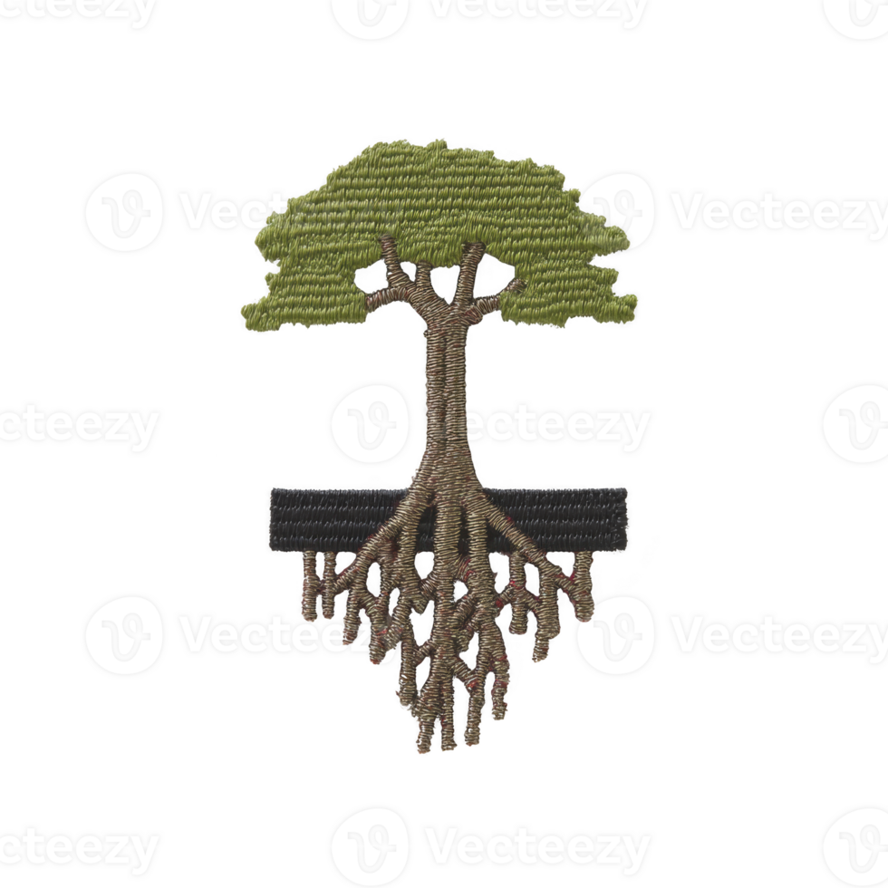 Stylized tree with green leaves and visible roots is depicted, symbolizing growth and connection. design is simple and elegant, with focus on nature and stability png