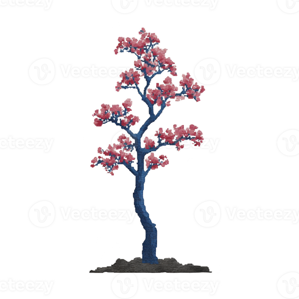 Stylized illustration of cherry blossom tree with vibrant pink flowers and dark blue trunk, set against plain background. artistic design emphasizes tree elegance and beauty png
