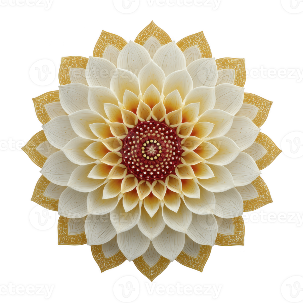 Beautifully intricate paper quilling design features symmetrical floral pattern with layers of delicate petals in shades of white, gold, and red, creating harmonious and elegant appearance png