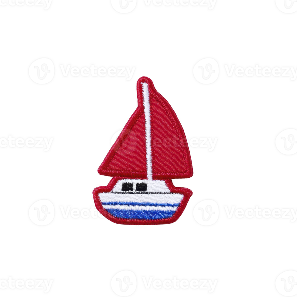 Colorful embroidered patch of sailboat with red sail and blue hull, isolated on transparency background. design is simple and playful, ideal for clothing or accessories png