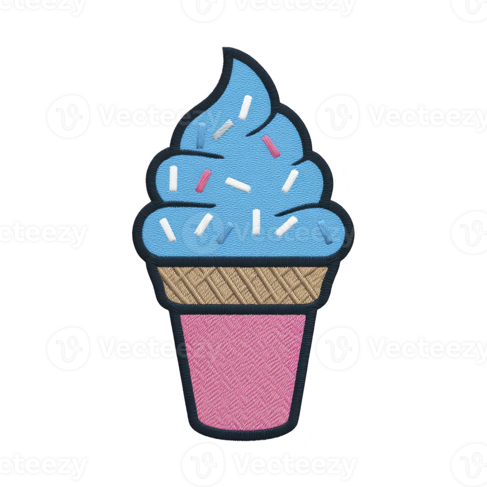 Colorful embroidered patch of blue ice cream cone with sprinkles, featuring pink cup and waffle cone design. playful and vibrant style adds fun touch to any fabric png