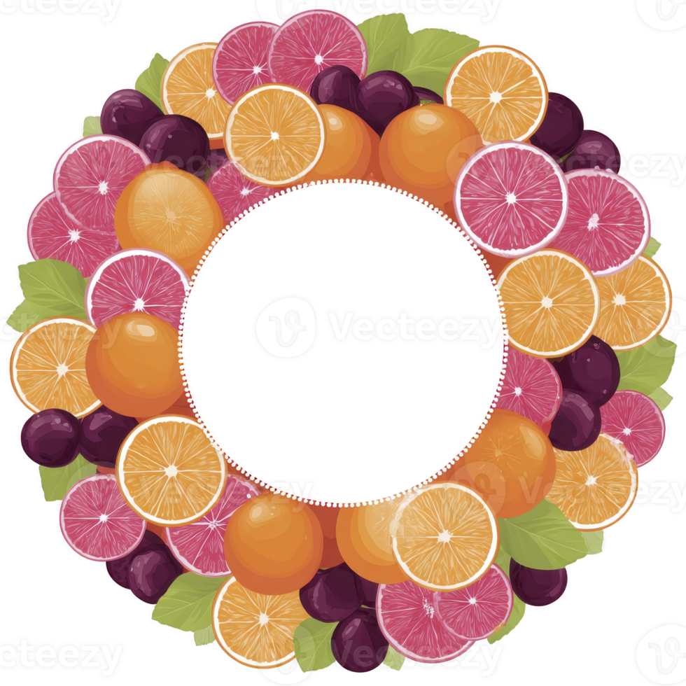 Vibrant wreath made of colorful citrus fruits and plums, including oranges, grapefruits, and leaves, arranged in circular pattern. design is fresh and lively png