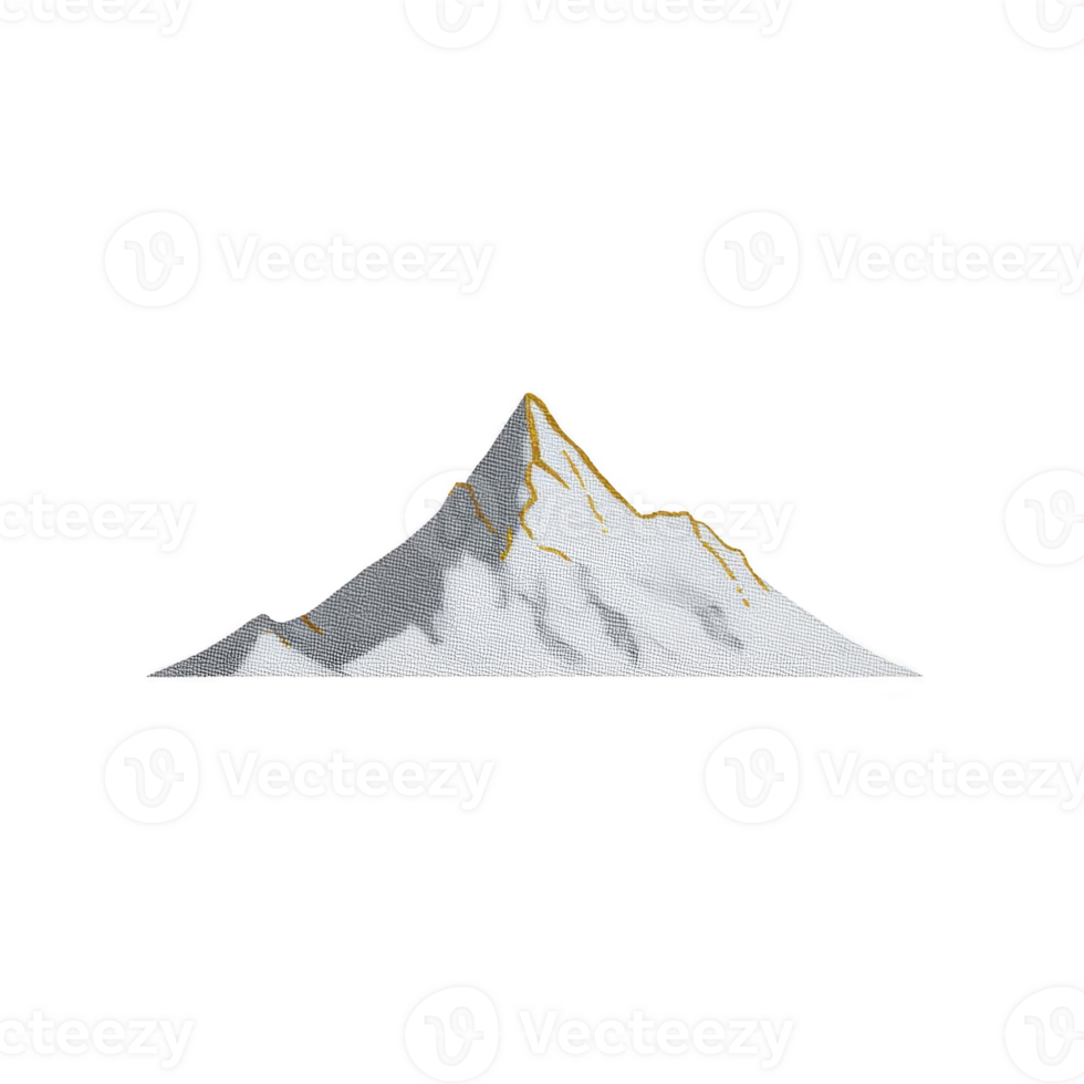 Stylized illustration of snow capped mountain with golden highlights against transparency background, evoking sense of tranquility and majesty png