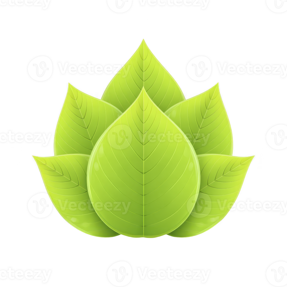 Vibrant green leaf design forms symmetrical pattern, resembling lotus flower. glossy texture and detailed veins create fresh and natural appearance, symbolizing growth and renewal png