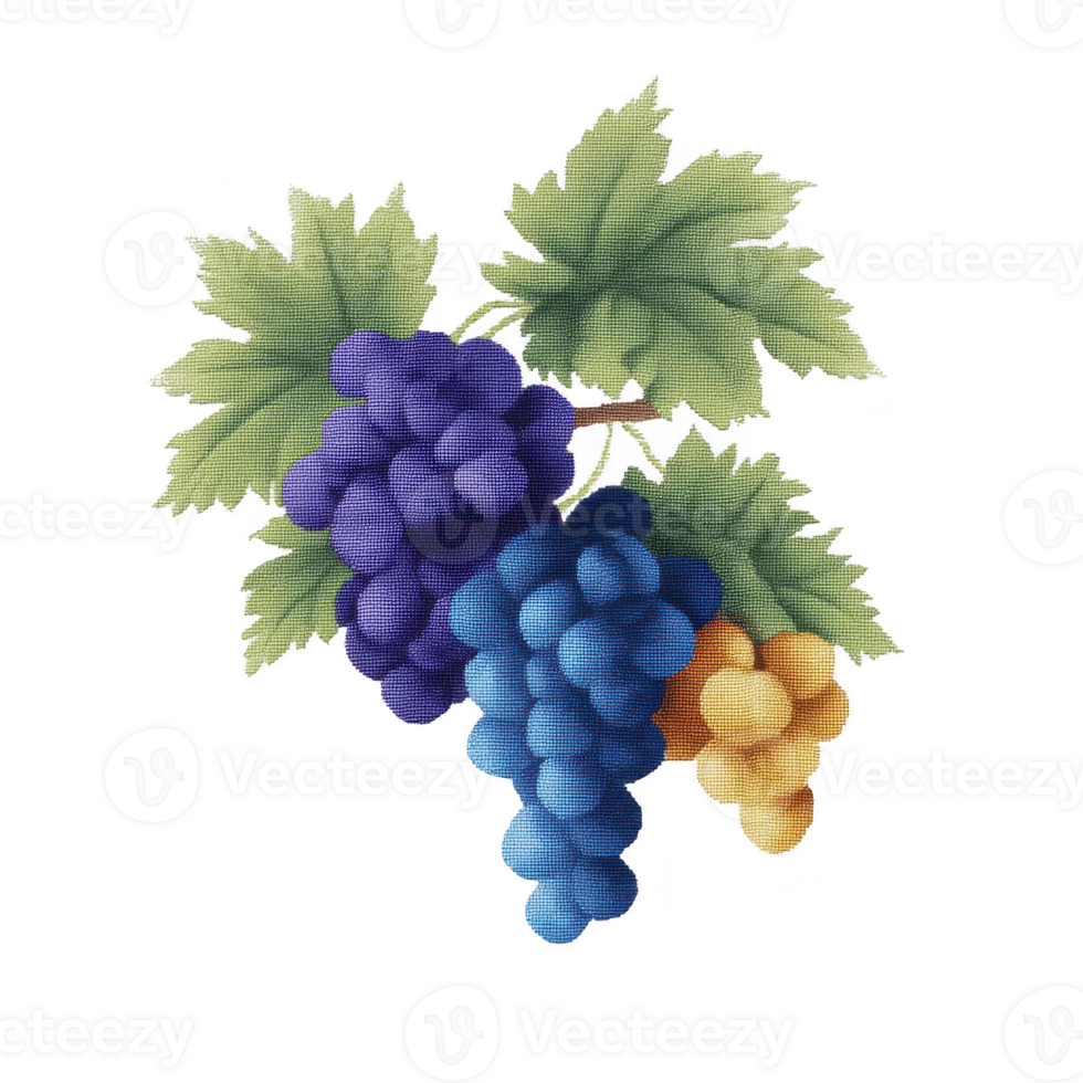 Vibrant illustration of grape clusters in purple, blue, and yellow hues with lush green leaves, showcasing variety of colors and textures png