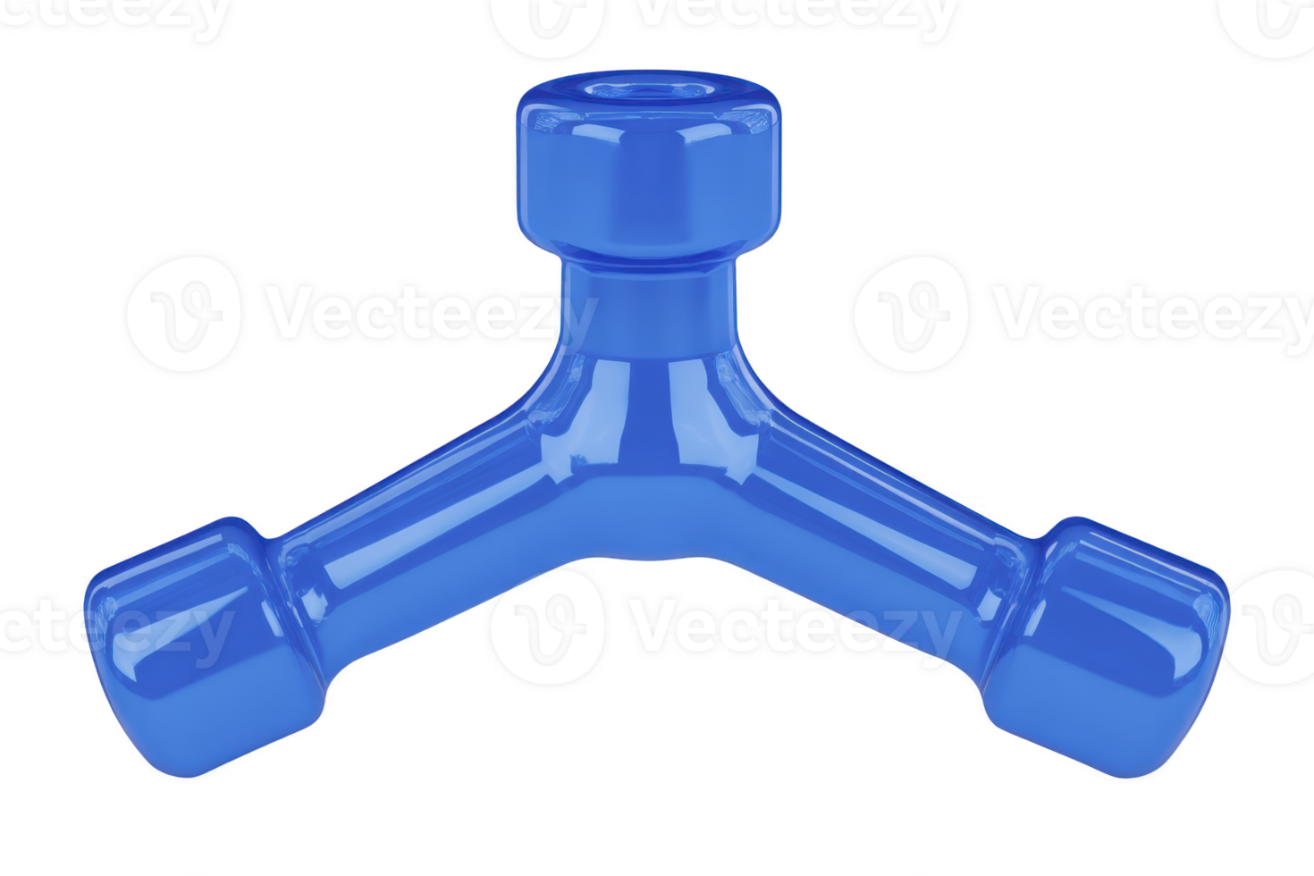A blue, three pronged plastic object with central hub and rounded ends, resembling fidget spinner or connector piece. glossy finish gives it sleek appearance png