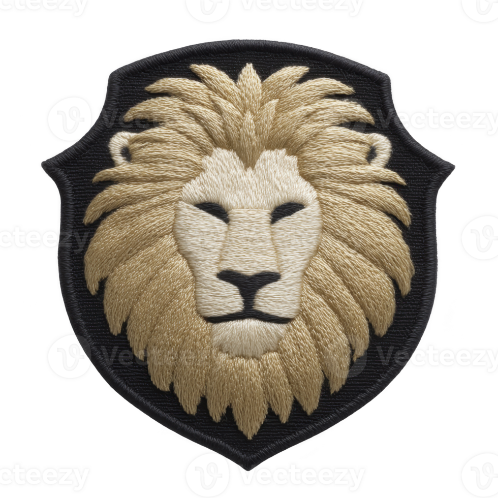 Detailed embroidered lion head patch with majestic expression is set against transparency background, showcasing intricate stitching and regal design png
