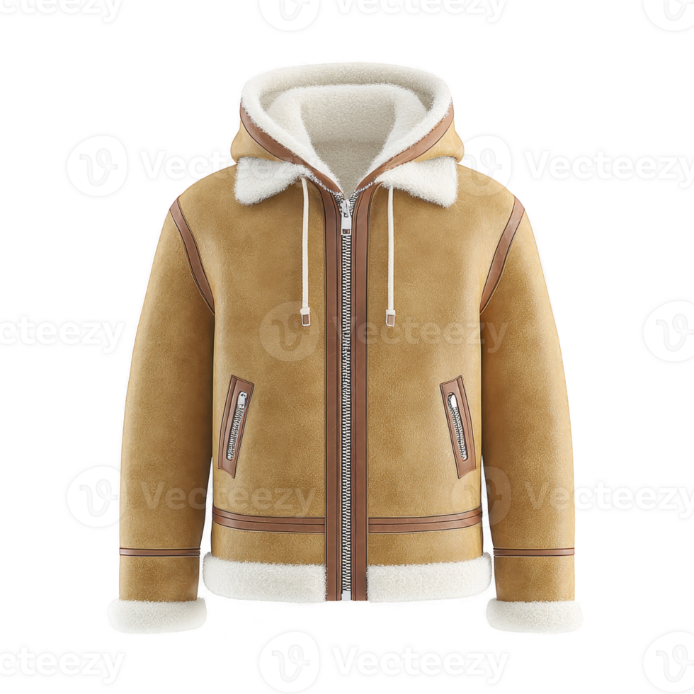 Stylish tan shearling jacket with cozy white fleece lining, featuring hood, front zipper, and pockets, perfect for cold weather fashion png