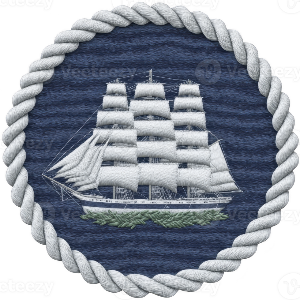 Embroidered patch features detailed sailing ship with multiple sails on navy blue background, encircled by white rope border, evoking nautical theme png