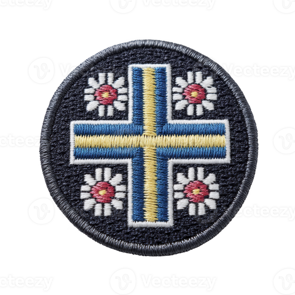 This shows circular embroidered patch featuring blue and yellow cross with white flowers and red centers transparency background. design is intricate and colorful.Patch with blue and yellow cross png