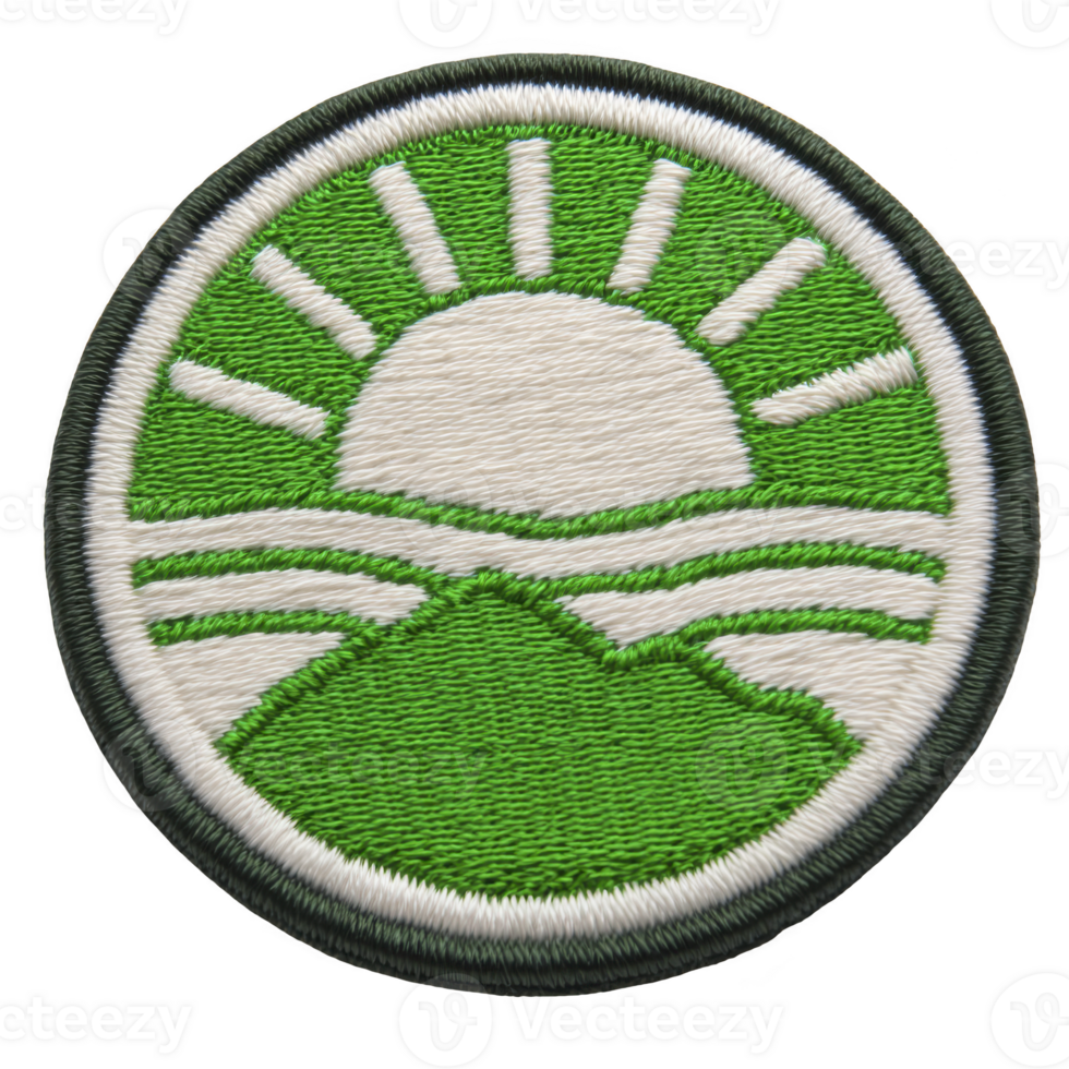 Round embroidered patch features stylized sun rising over green mountain landscape, with rays extending outward. design is simple and vibrant, using green and white thread to create natural png