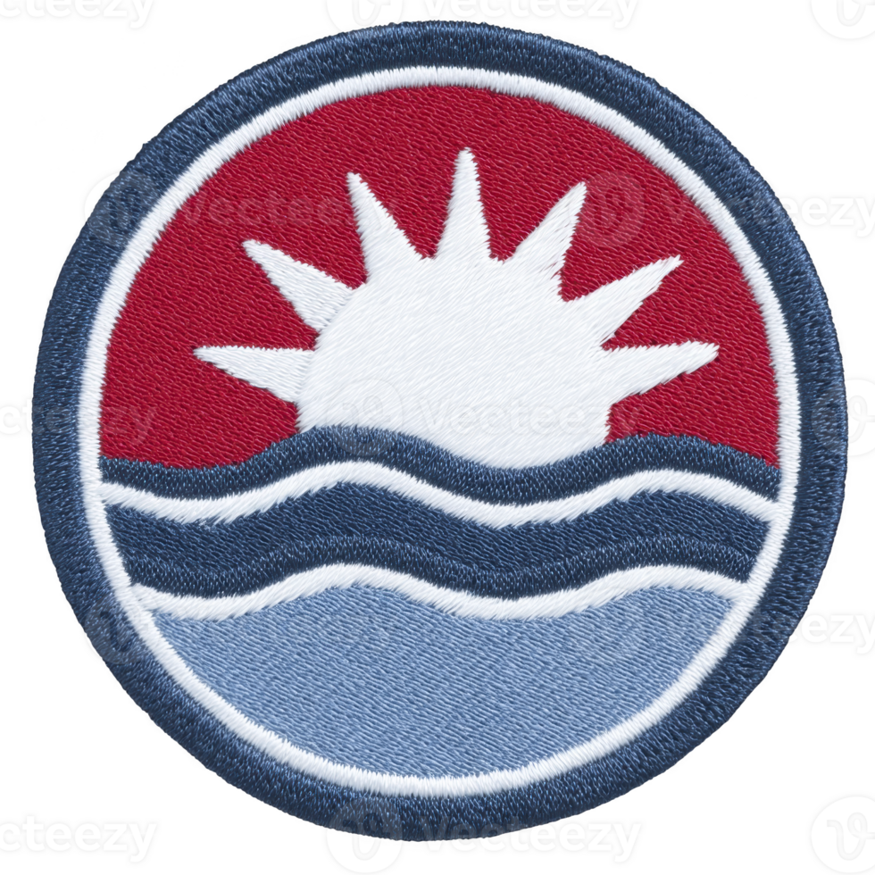 This shows circular embroidered patch featuring stylized sun rising over waves, with red background. design is simple and bold, using white, blue, and red colors png