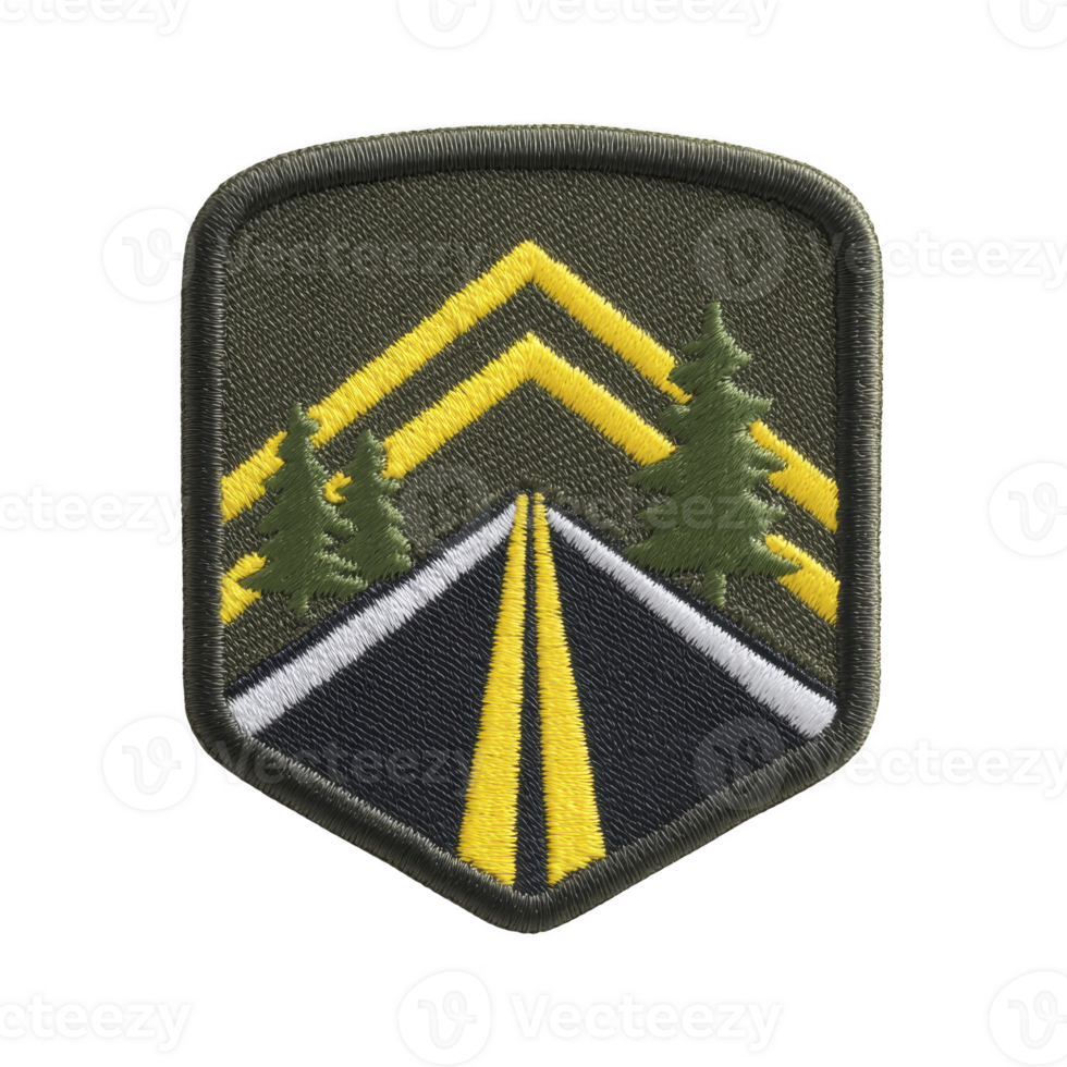 Road patch design features highway with yellow lines flanked by green trees, set against transparency background. patch has shield shape with embroidered details, evoking sense of adventure png