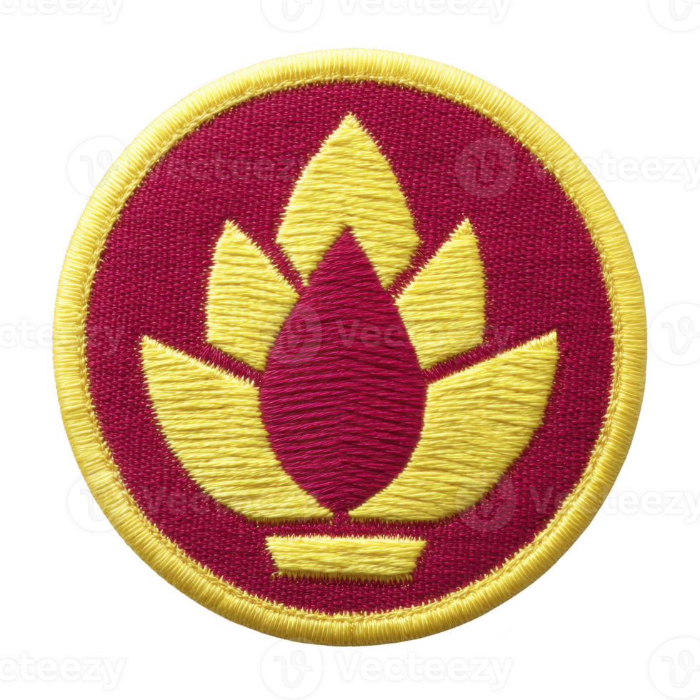 This shows circular embroidered patch with red background and yellow emblem resembling stylized flame or leaf design. patch has yellow border png