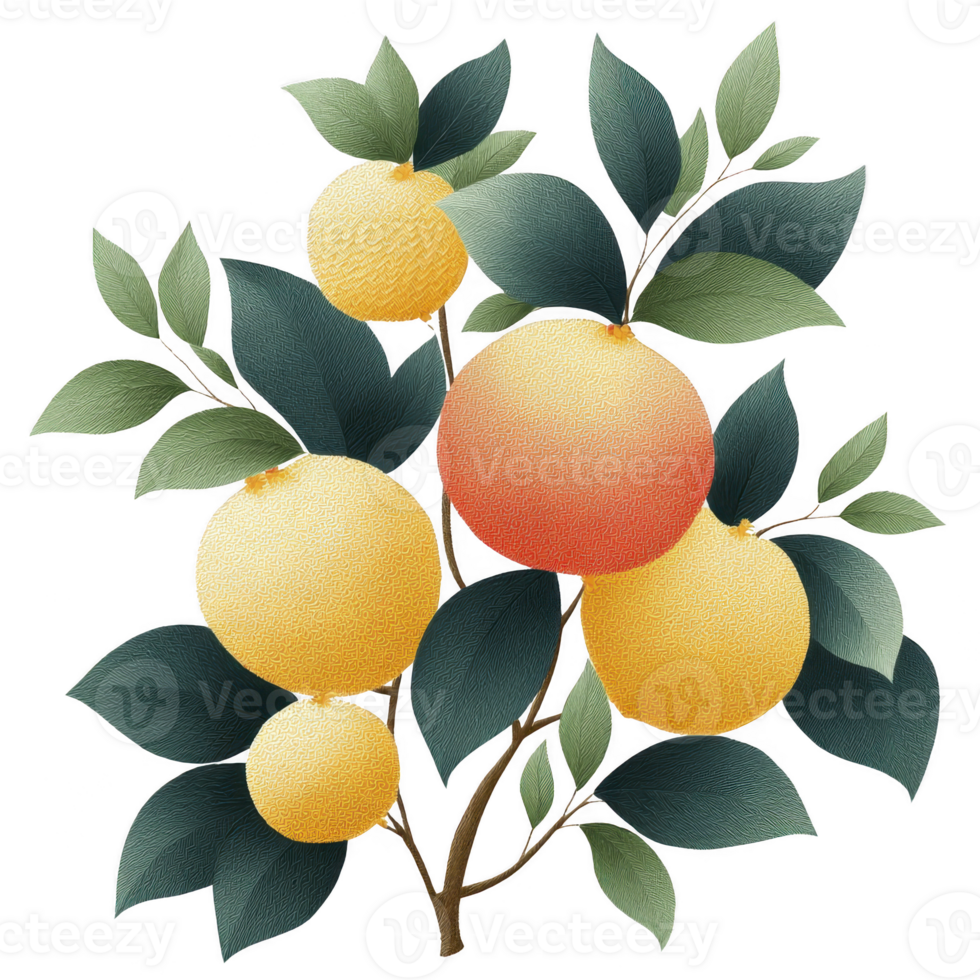 Vibrant illustration of citrus fruits, including oranges and lemons, on branch with lush green leaves, showcasing fresh and lively appearance png