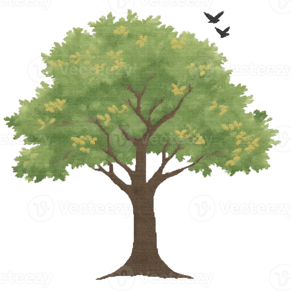Lush green tree with sturdy brown trunk stands tall, its branches spreading wide. Yellow leaves are scattered among green foliage, and two butterflies flutter nearby png