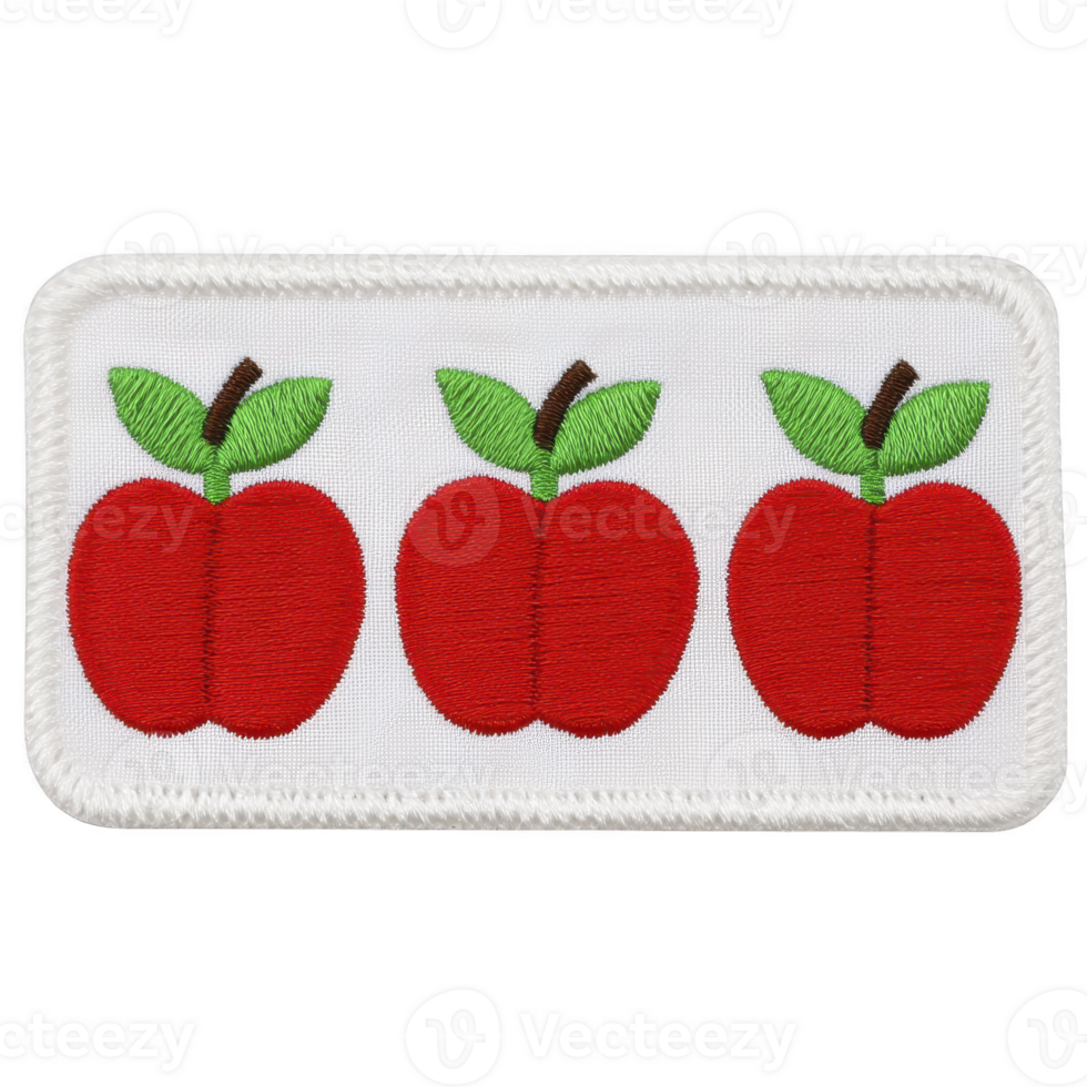 Three embroidered red apples with green leaves are arranged in row on rectangular white fabric patch, creating simple and charming design png