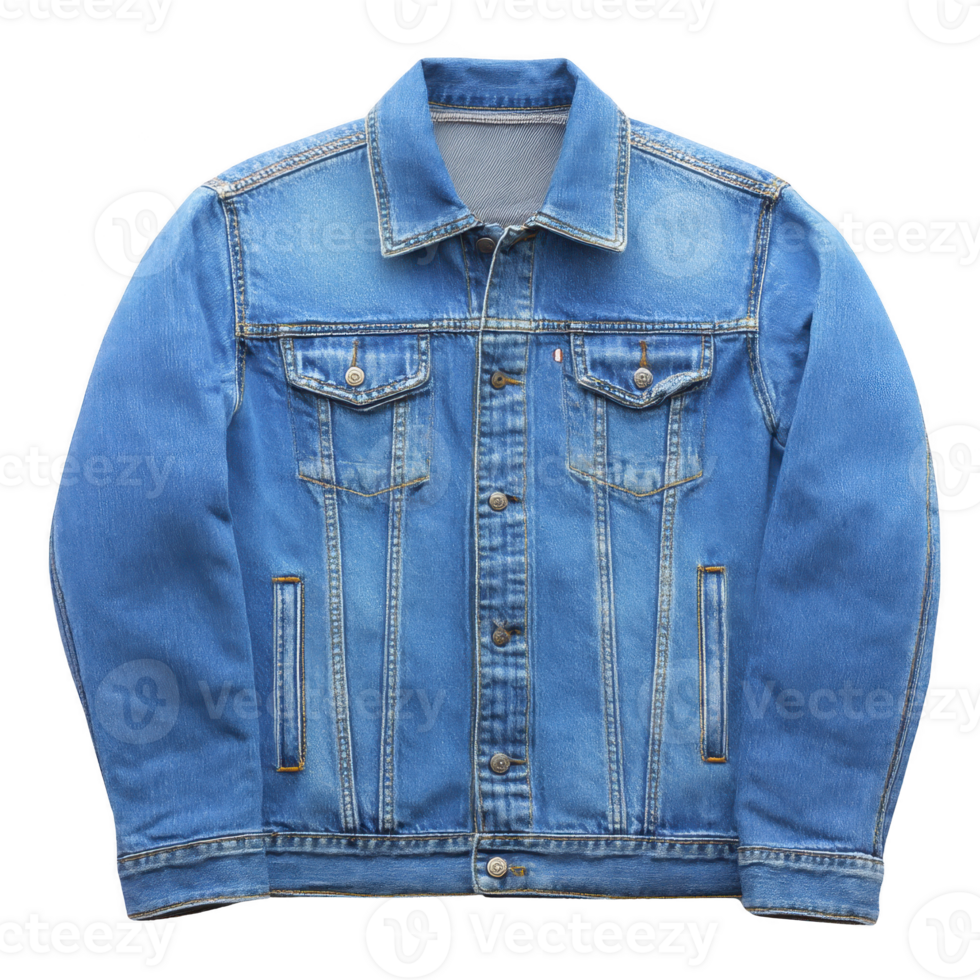 Blue denim jacket with button closure and chest pockets, showcasing classic style and casual fashion. jacket features collar and long sleeves, perfect for versatile wear png