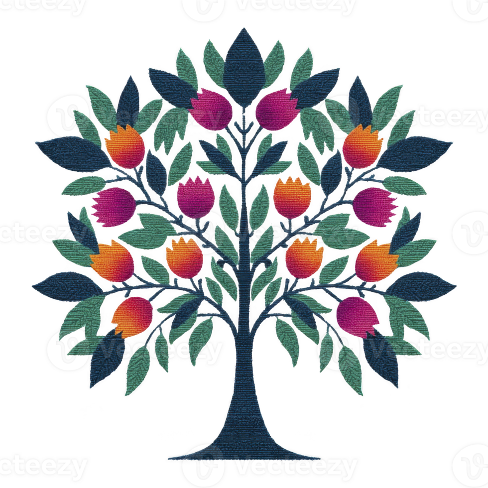 Vibrant, stylized tree with colorful, gradient fruits and lush green leaves, set against transparent background, evokes sense of nature and creativity png