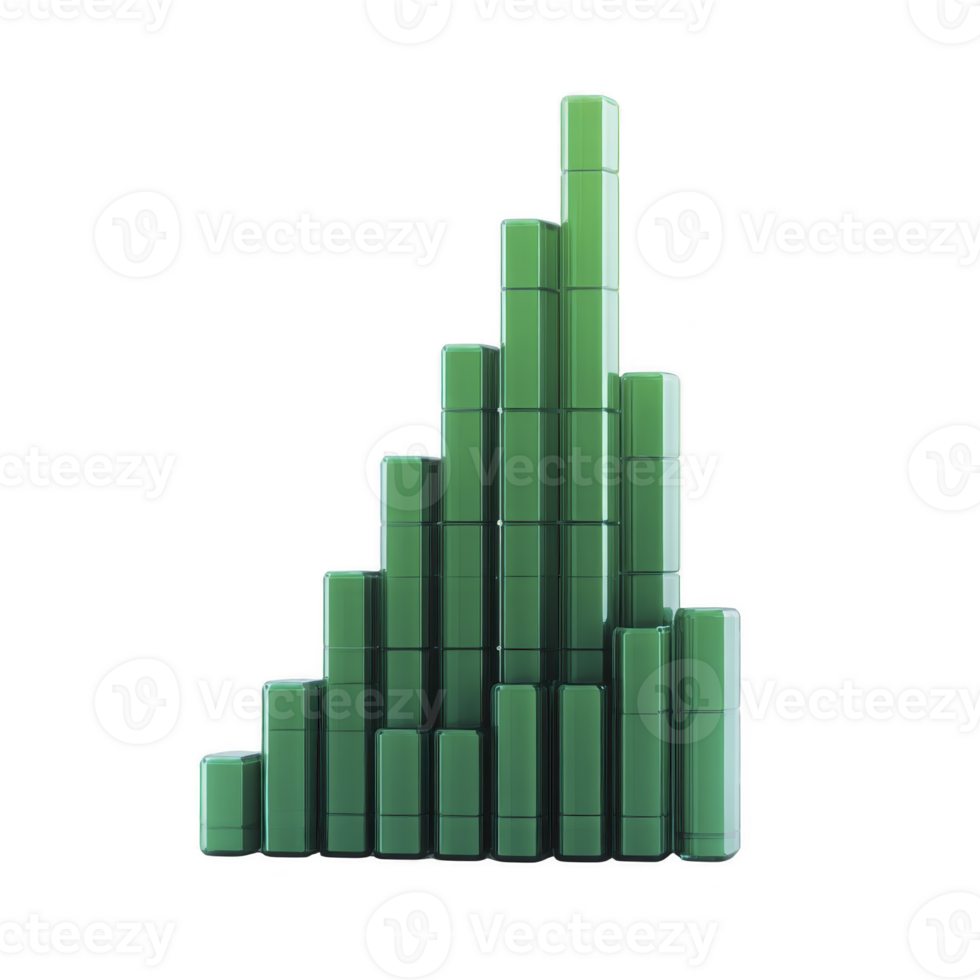 A 3d bar graph with green bars of varying heights represents data visualization, showing upward trend. bars are arranged in ascending order, creating dynamic and modern look png