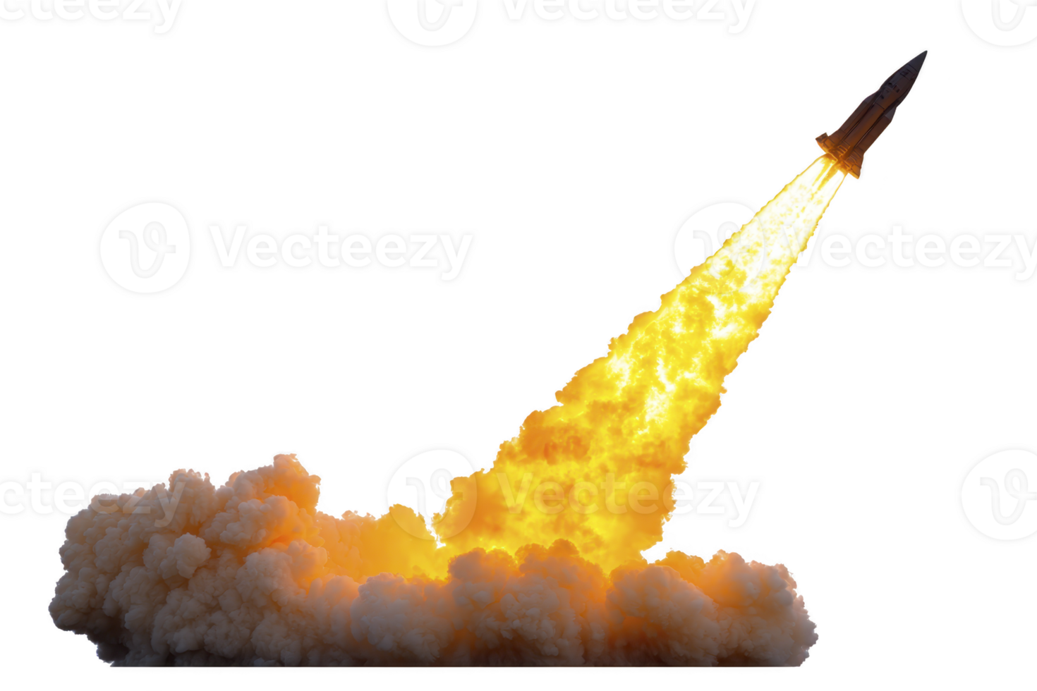 A rocket launches into sky with fiery trail, surrounded by billowing clouds of smoke, symbolizing power and innovation png