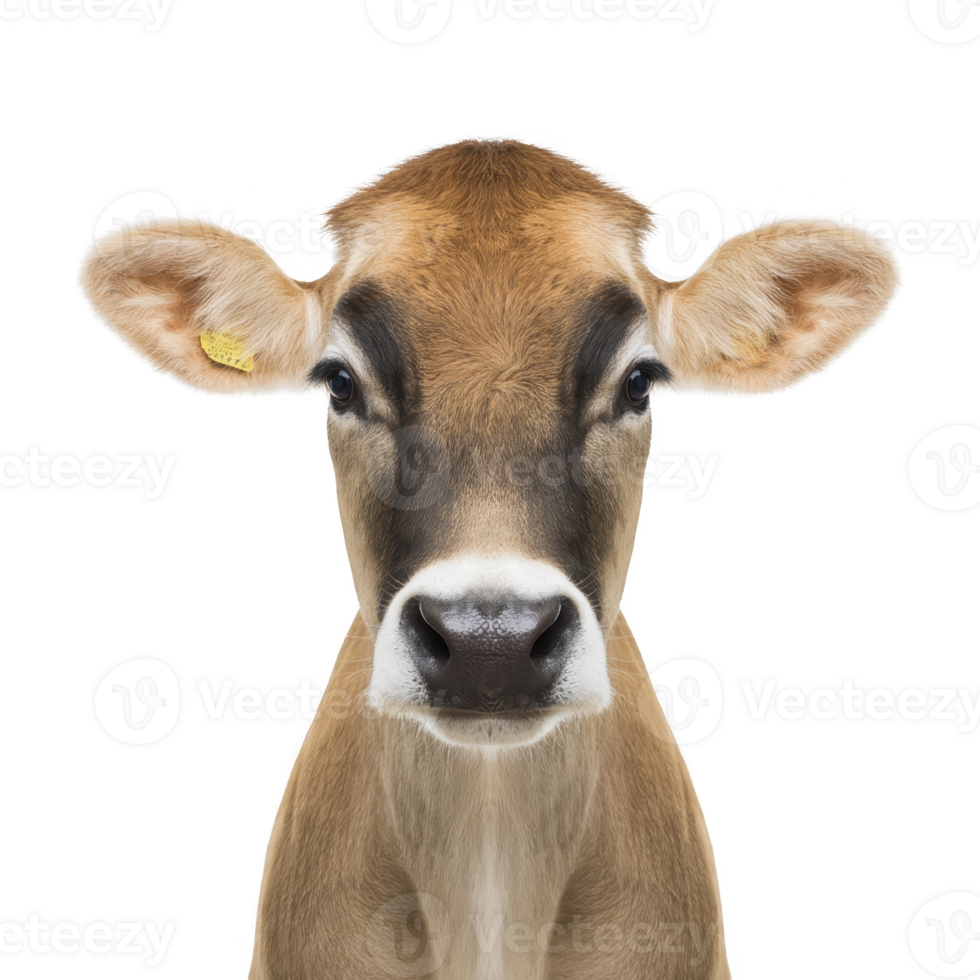 A close up of brown cow with white snout and large ears, looking directly at camera against transparency background. cow expression is calm and curious png