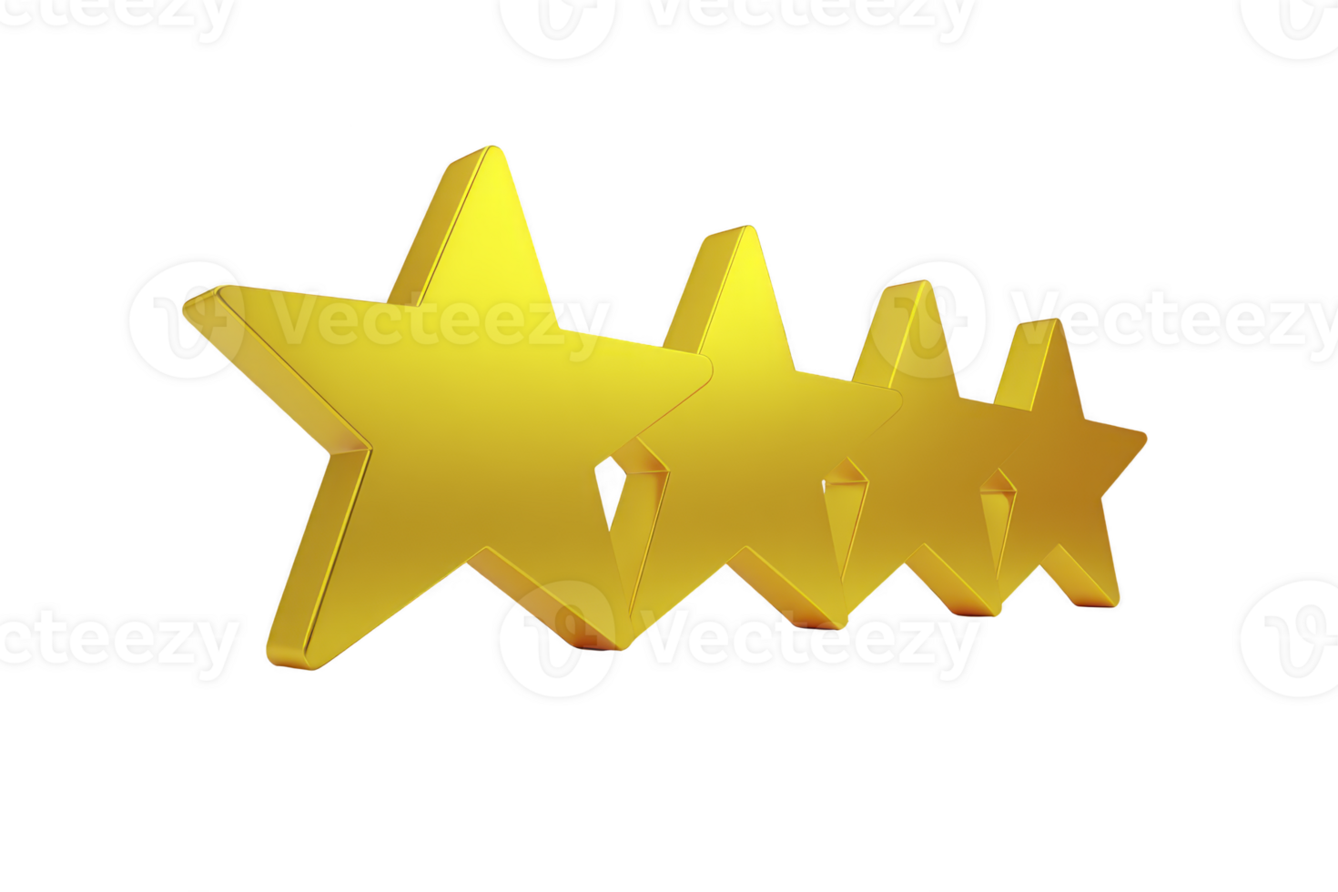 A four shiny golden stars are aligned diagonally, symbolizing excellence and high quality. stars are three dimensional, casting subtle shadows, and are set against plain background, emphasizing png