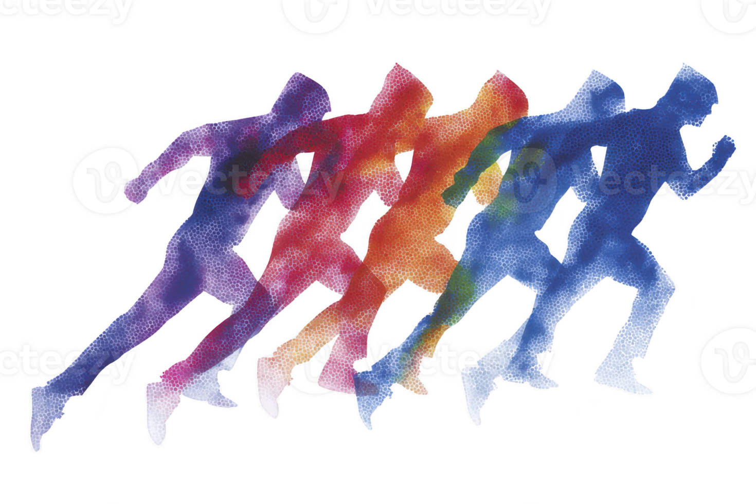 A dynamic illustration of multicolored silhouette of running person, showing motion and speed through overlapping figures. vibrant colors and energetic pose convey sense of movement and athleticism png
