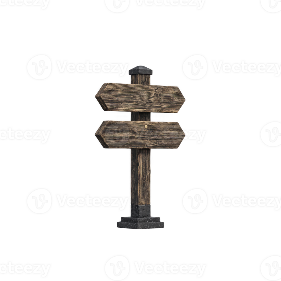 A rustic wooden signpost with two directional arrows stands on sturdy base, evoking sense of adventure and exploration. weathered wood texture adds vintage charm png