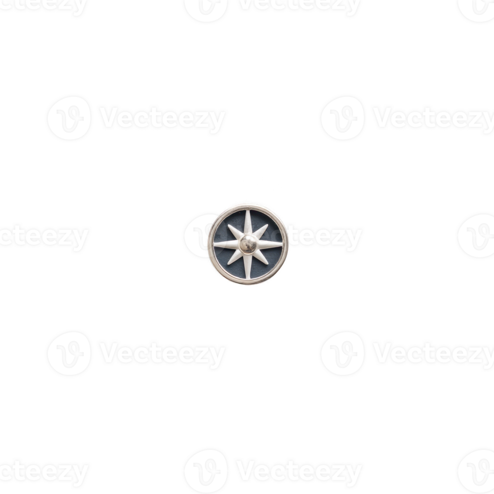 A silver compass rose emblem with star design is centered on transparency background, symbolizing navigation and direction. metallic finish adds sleek, modern touch png