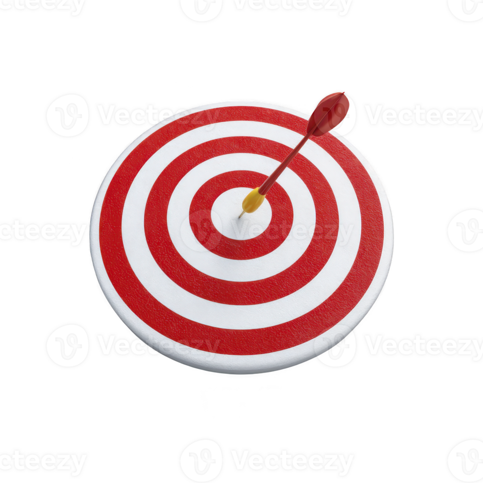 A red and white target with bullseye hit by single arrow symbolizes precision and success. arrow is perfectly centered, indicating accuracy and achievement png