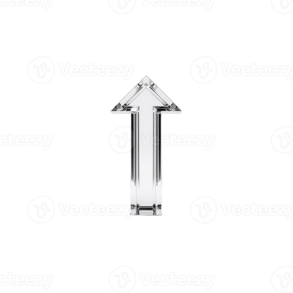 A shiny, metallic arrow pointing upwards is centered on transparency background, symbolizing direction and progress. sleek design and reflective surface add modern touch png