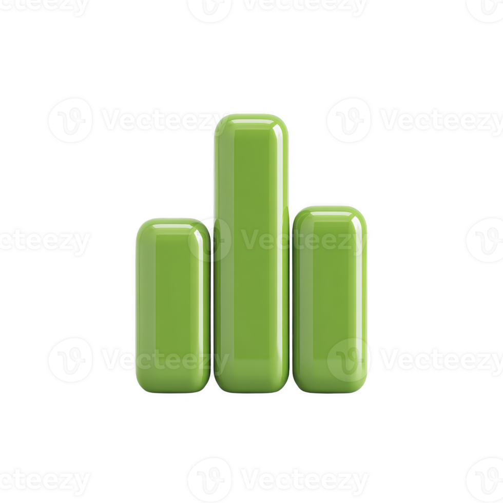 A glossy green bar chart icon with three vertical bars of varying heights, symbolizing data analysis or statistics. shiny surface adds modern and sleek appearance png