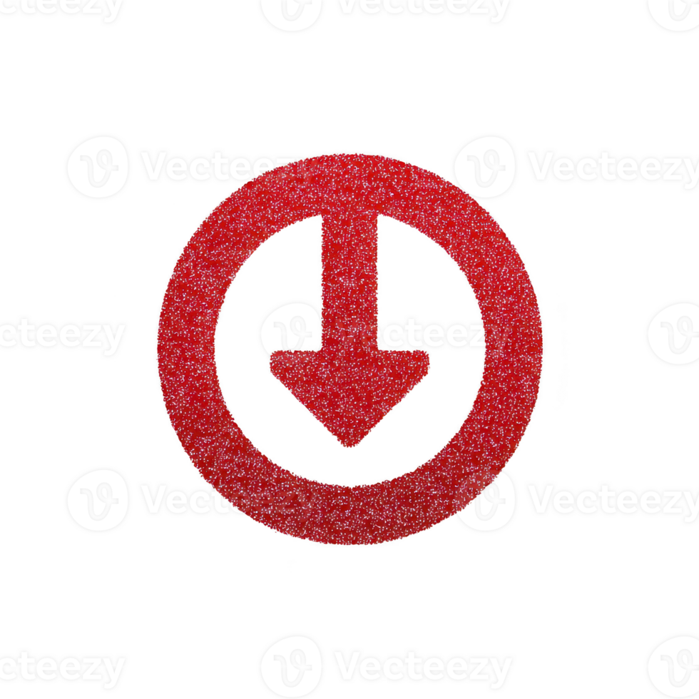 A red glittery downward arrow is enclosed in circle against transparency background, creating striking and bold visual effect png