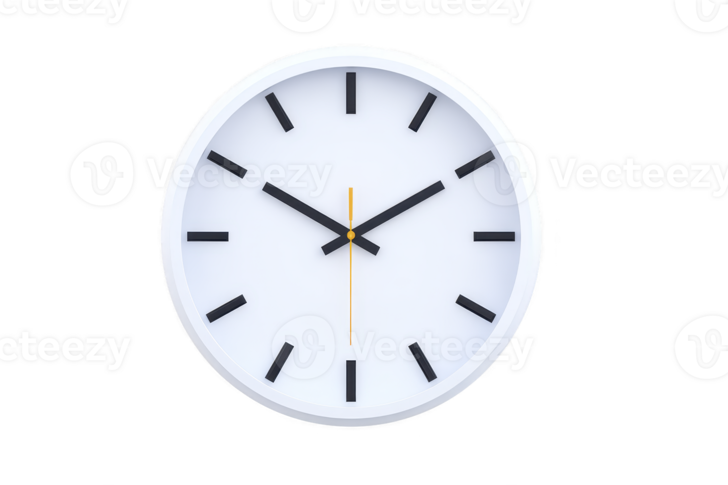 A minimalist white wall clock with black hour and minute hands and yellow second hand, set against plain background, conveys simplicity and modern design png