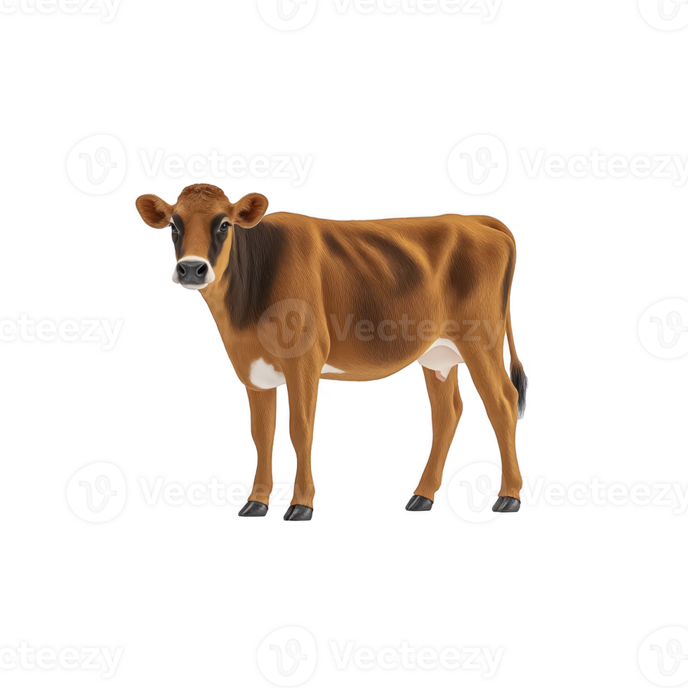 A brown cow stands facing forward, showcasing its full body with calm expression. cow coat is smooth and shiny, highlighting its healthy appearance png