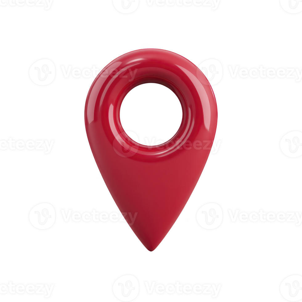 A glossy red 3d map pin icon with circular hole in center, symbolizing location or navigation. shiny surface and vibrant color make it visually striking png