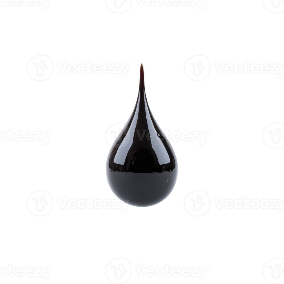 A single, glossy black liquid droplet is suspended against transparency background, showcasing its smooth, reflective surface and teardrop shape png
