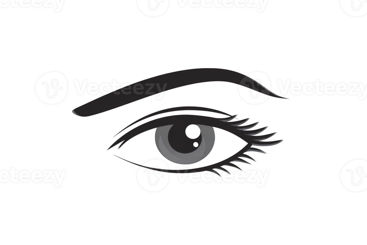 A stylized black and white illustration of human eye features detailed eyelashes and prominent eyebrow, conveying sense of focus and observation png