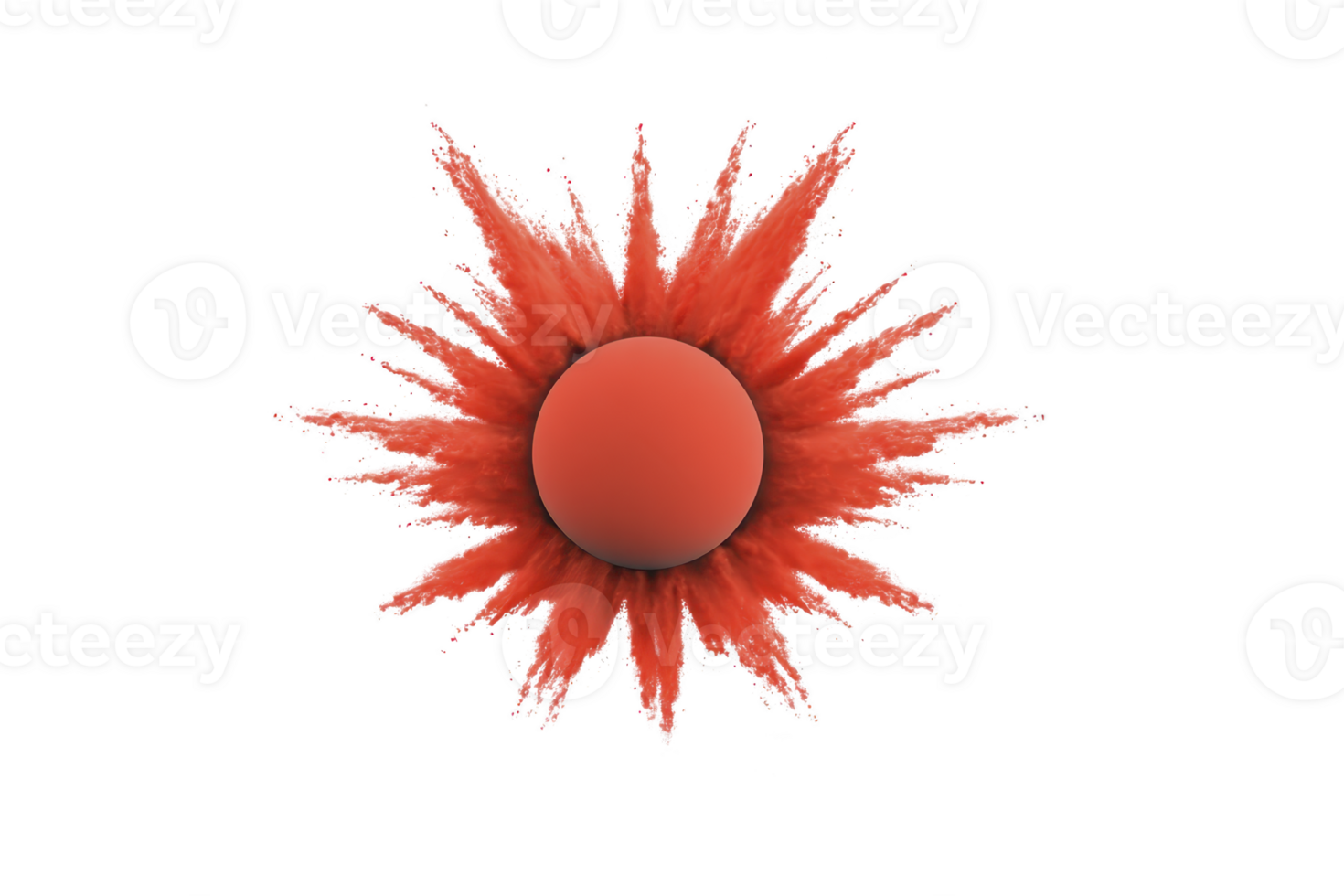 A vibrant red powder explosion forms dynamic starburst pattern around central sphere, creating striking visual effect. image captures energy and motion of burst png