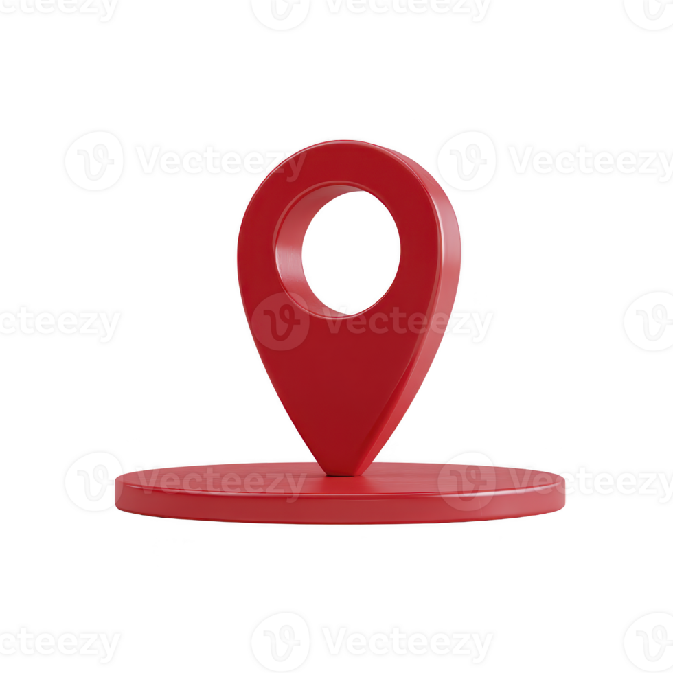 A red 3d location pin icon stands on circular base, symbolizing navigation and positioning. glossy finish adds modern touch, making it ideal for digital maps and apps png