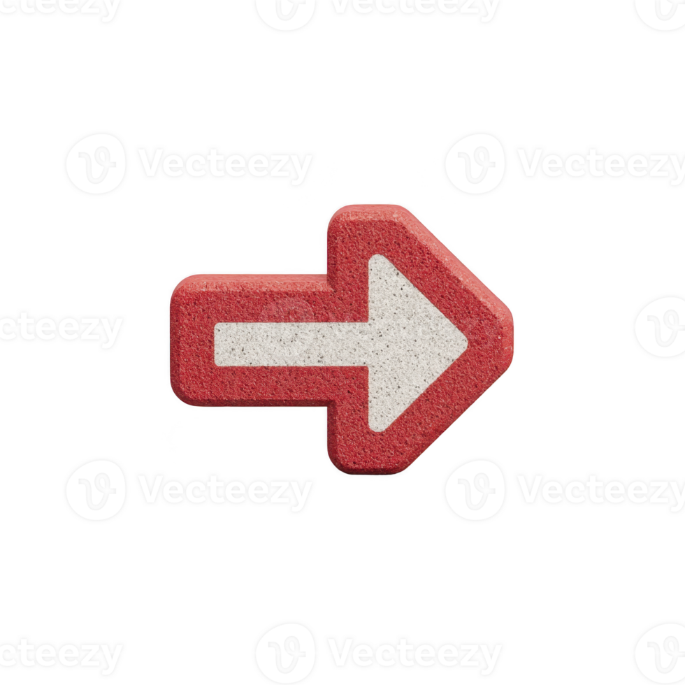 A red and white arrow sign with textured surface points to right, isolated on transparency background. bold design and clear direction make it ideal for navigation or instructional purposes png