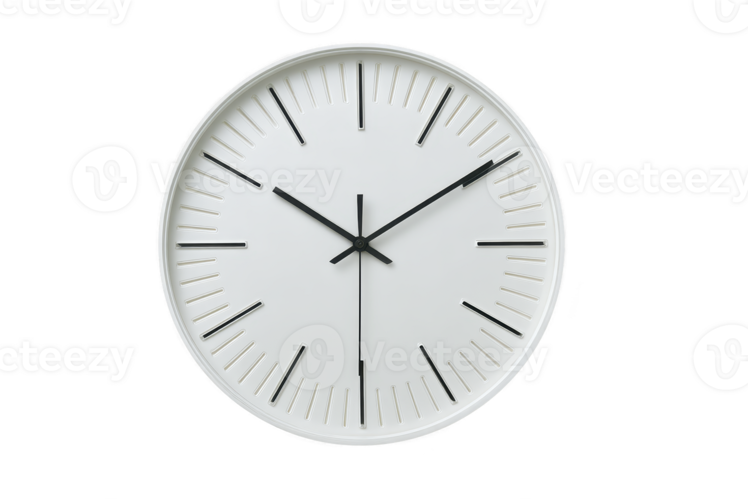 A minimalist white wall clock with black hands and hour markers, showcasing modern design. clock simplicity and elegance make it suitable for various interior styles png