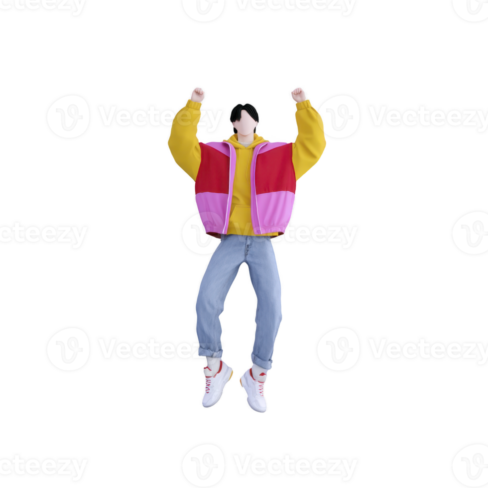 A person in colorful outfit is jumping with joy, wearing red and pink jacket, yellow sweater, blue jeans, and white sneakers. image conveys sense of happiness and energy png